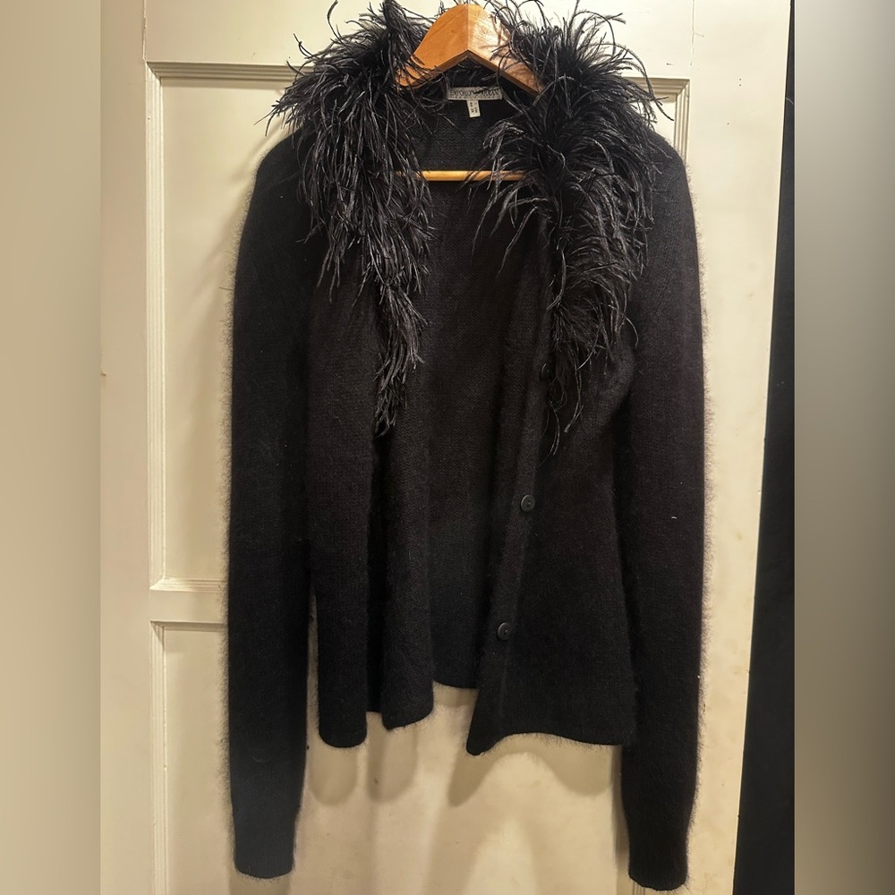 90’s Retro Emporio Armani Black Cashmere cardigan with Faux Fur Trim
